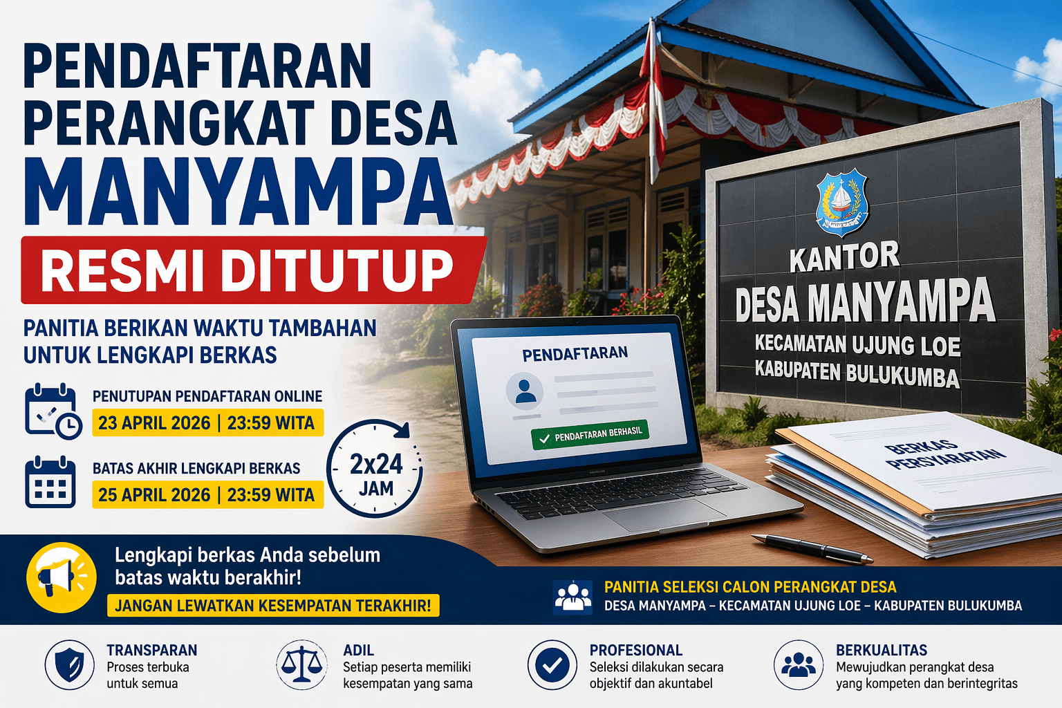 Pendaftaran Perangkat Desa Manyampa Resmi Ditutup, Panitia Beri Waktu Tambahan 2 Hari untuk Lengkapi Berkas