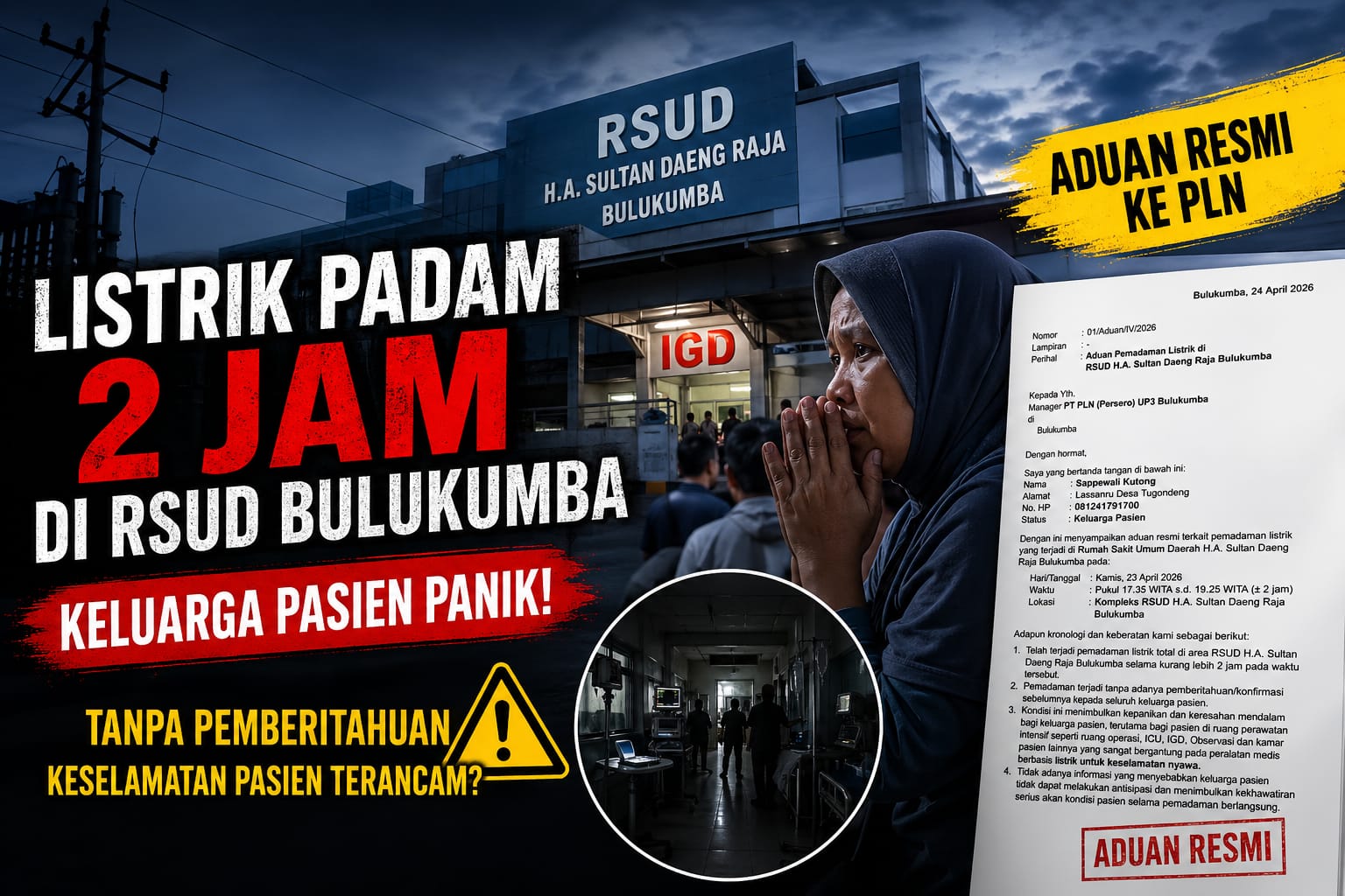Pemadaman Listrik 2 Jam di RSUD Bulukumba Picu Kepanikan, Keluarga Pasien Layangkan Aduan Resmi ke PLN