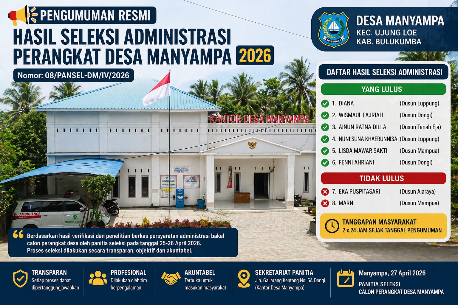 Hasil Seleksi Administrasi Perangkat Desa Manyampa 2026 Diumumkan, 6 Lulus dan 2 Gugur