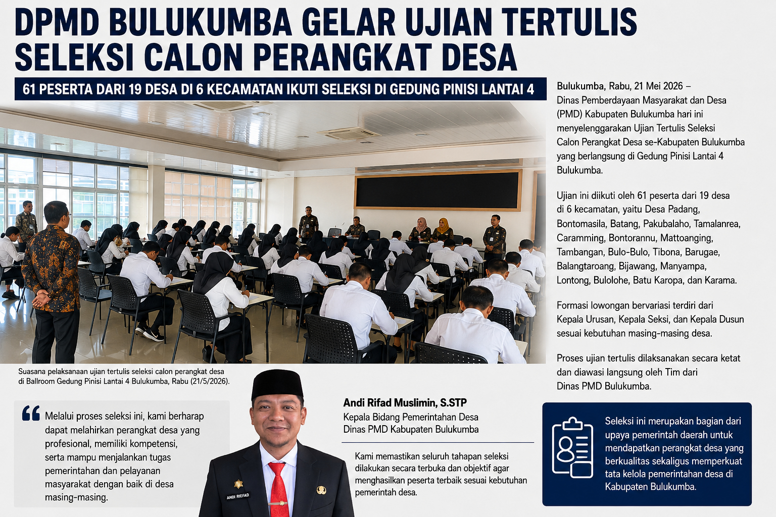 DPMD Bulukumba Gelar Seleksi Perangkat Desa 2026, 61 Peserta Berebut Formasi Strategis di 19 Desa
