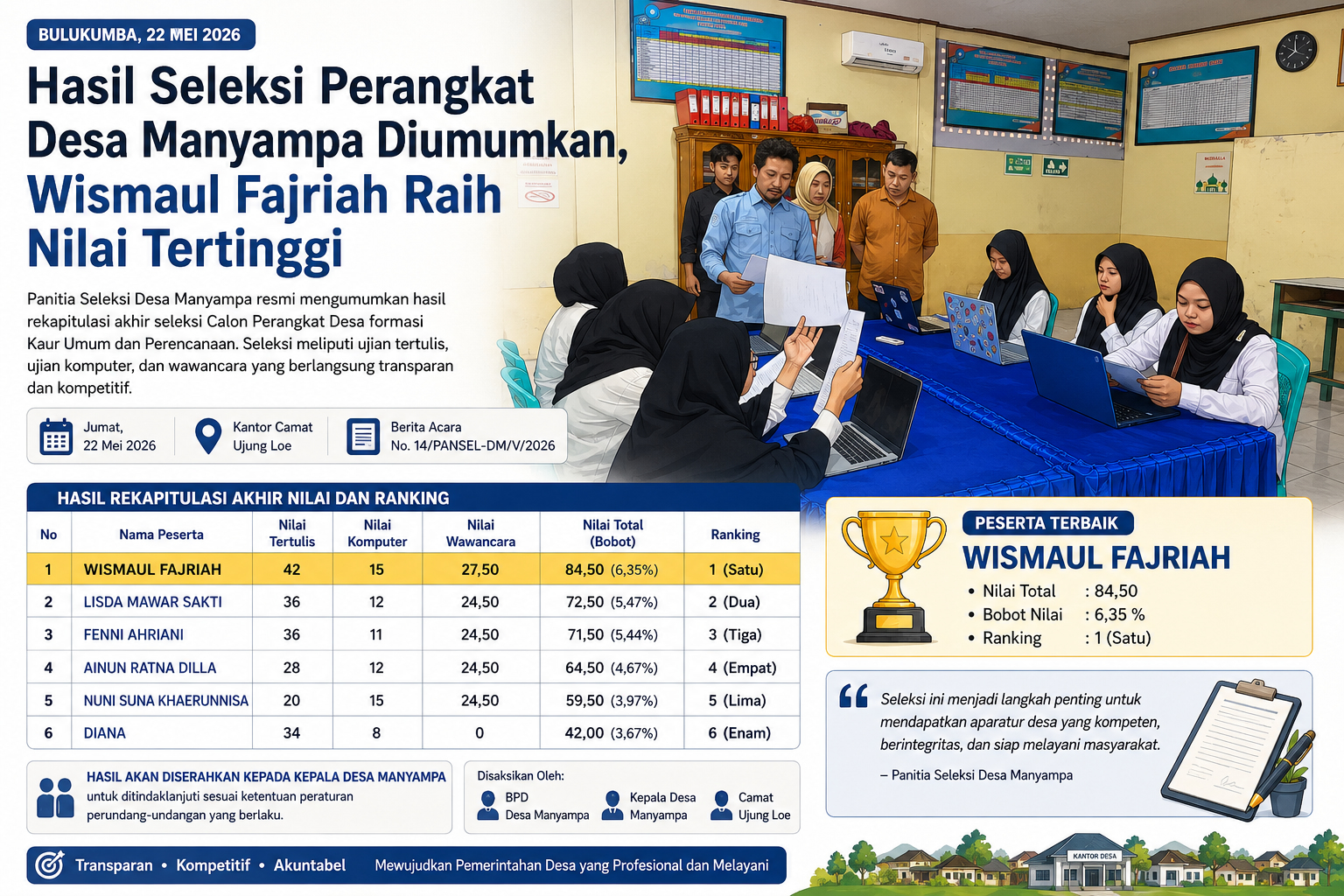 Seleksi Perangkat Desa Manyampa Berakhir, Ini Ranking Lengkap Peserta
