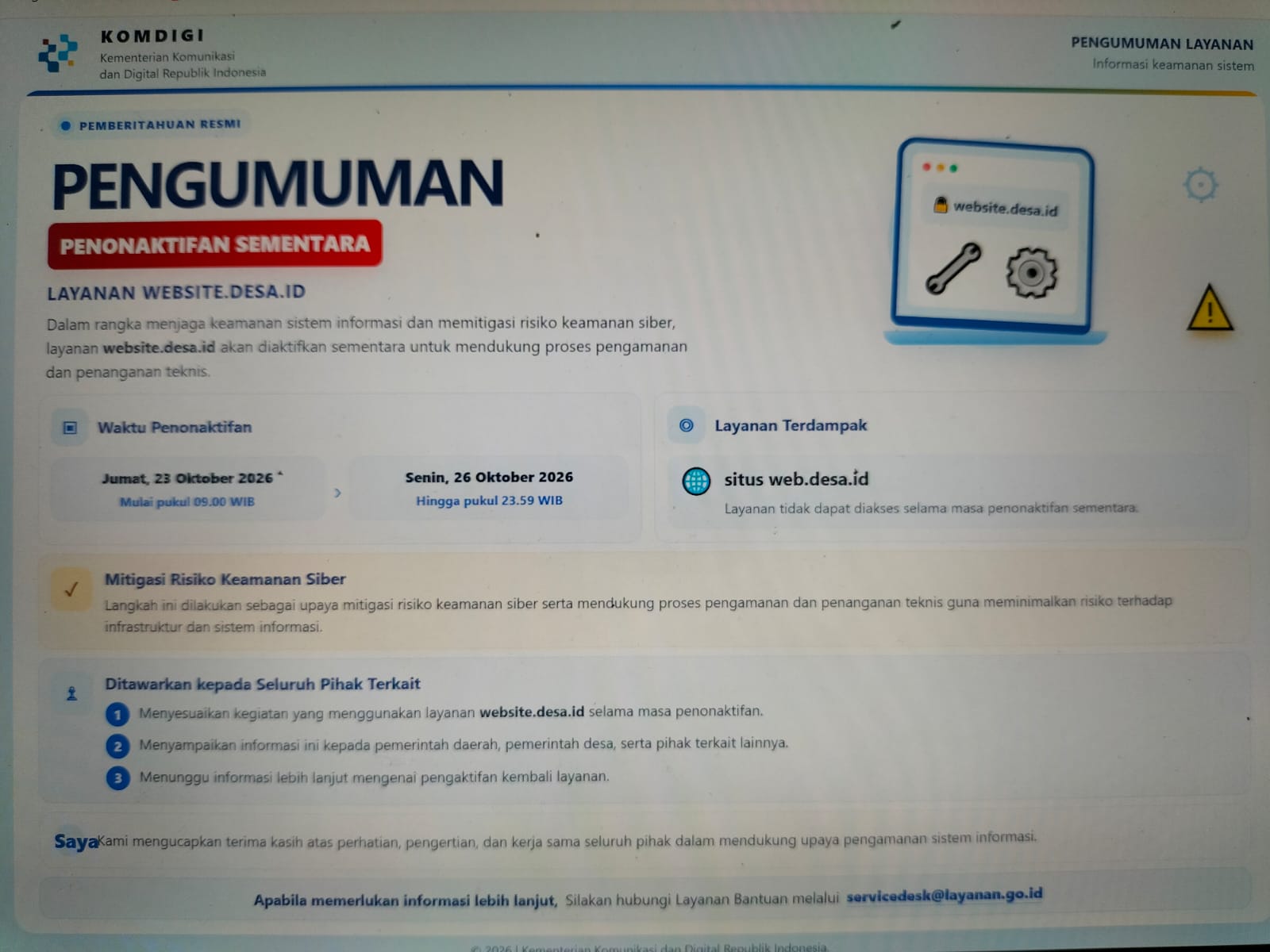Layanan Website Desa Dikabarkan Dinonaktifkan Sementara, Komdigi Tekankan Pentingnya Keamanan Digital